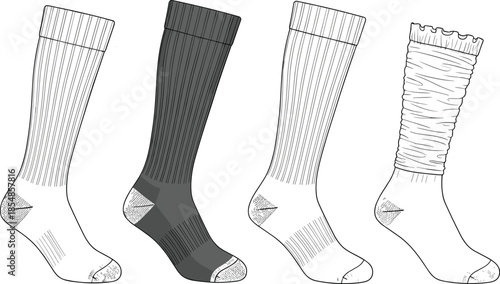Technical Drawing of High Athletic Socks Featuring Ribbed Crew Styles and Slouchy Designs for Apparel Mockups Fashion Design and Textile Manufacturing