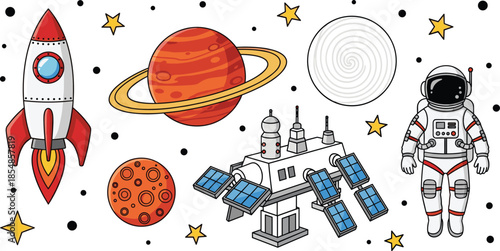 Set of outer space cartoon elements featuring an astronaut rocket ship planets and space station isolated on a white background