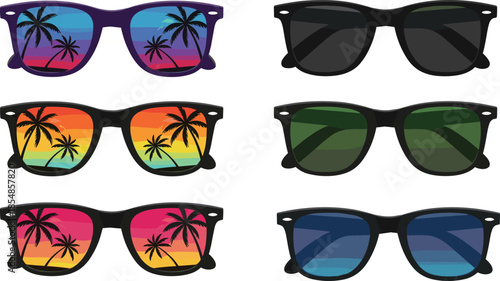 Set of Stylish Sunglasses Icons Featuring Tropical Palm Tree Reflections and Solid Tints for Summer Vacation Travel Fashion and Beach Lifestyle Designs