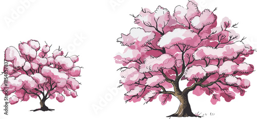 Cartoon pink flowering trees vector set, cherry blossom style, spring seasonal plants, stylized foliage, decorative botanical clipart, landscape illustration assets