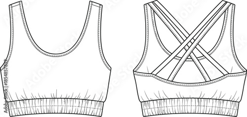 Technical Fashion Flat Sketch of a Women's Sports Bra Featuring Front and Cross Back Views with Elastic Hem and Strappy Detail