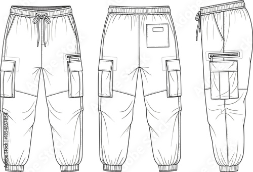 Technical Fashion Flat Sketch of Cargo Jogger Pants Featuring Front Back and Side Views with Elastic Waist Drawstring and Functional Utility Pockets
