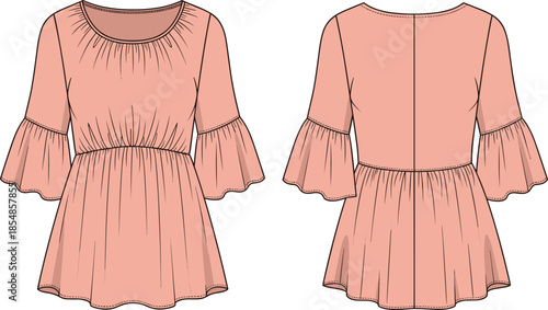 Technical Fashion Flat Sketch of a Women's Peplum Blouse Featuring Three Quarter Bell Sleeves Round Neckline and Front and Back Views