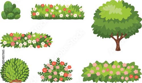 Cartoon plants, shrubs, and tree vector set, colorful blossoms, green foliage, stylized garden elements, spring botanical clipart, decorative landscape illustration assets
