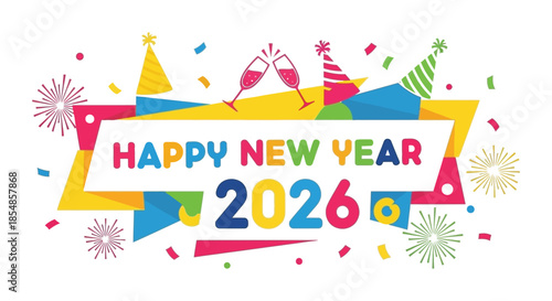 A vibrant new year celebration design featuring colorful confetti party hats and celebratory glasses