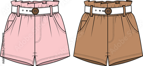 Women High Waisted Paperbag Shorts Vector Flat Sketch Illustration with Belted Waist Technical Drawing Template for Fashion Design and Mockup