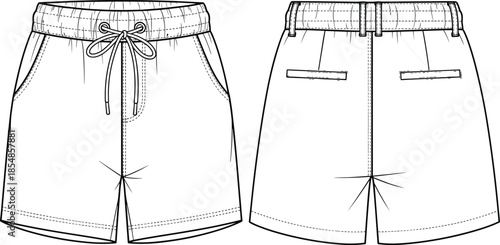 Technical Fashion Flat Sketch of Unisex Drawstring Shorts Featuring Front and Back Views with Elastic Waistband Side Pockets and Welt Rear Pockets