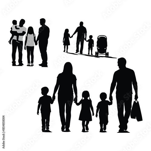 Diverse family groups walking together in silhouette