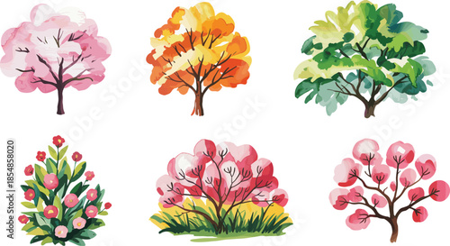Cartoon seasonal trees and plants vector set, cherry blossom, autumn foliage, lush greenery, stylized garden shrubs, spring botanical clipart, decorative landscape illustration