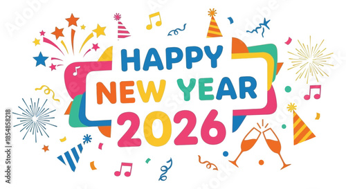 A vibrant and colorful new year celebration graphic with festive decorations and the year 2026