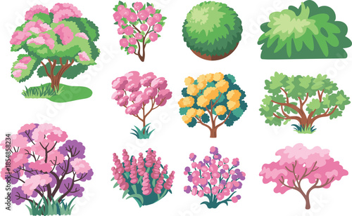 Cartoon trees and shrubs vector set, flowering blossoms, colorful foliage, seasonal plants, stylized botanical clipart, decorative garden landscape illustration assets