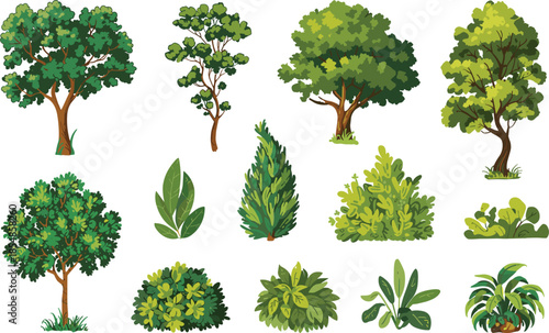 Cartoon trees and shrubs vector set, leafy plants, colorful foliage, stylized garden elements, spring botanical clipart, decorative landscape illustration, nature design assets