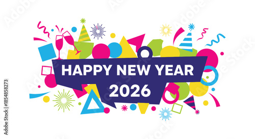 A vibrant new year celebration banner with colorful confetti cocktails and the year 2026