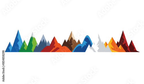 Geometric mountain peaks vector set with colorful minimalist landscape elements isolated on white background