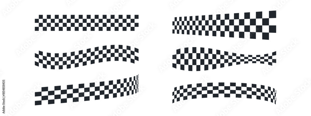 Fototapeta premium Motorsport finish ribbons in wavy and straight forms. Classic black-white square patterns for racing events. Speed circuit banners, winner celebration graphics, vector elements.