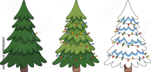 Christmas tree illustration set, decorated and plain styles, holiday vector art, festive seasonal design, winter celebration, colorful lights, cartoon trees