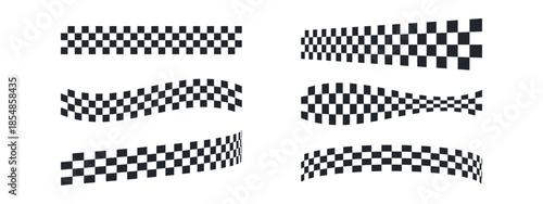 Motorsport finish ribbons in wavy and straight forms. Classic black-white square patterns for racing events. Speed circuit banners, winner celebration graphics, vector elements.