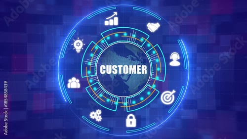 Digital Customer Relationship Management Concept with CRM Icons and Futuristic HUD Interface on Global Networking Background - 4K