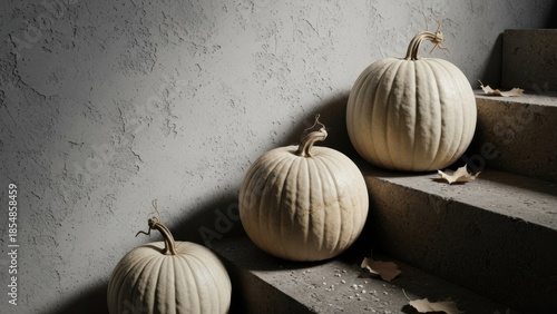 White pumpkins on concrete steps with autumn leaves