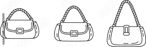 Handbag vector set, three black-and-white fashion sketches with twisted rope handles, buckle and clasp details, accessory design illustration