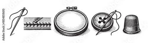 A black and white, vintage illustration in a collage style features various sewing tools, including a needle and thread, a sewing hoop, a button, and a thimble, on a white background.