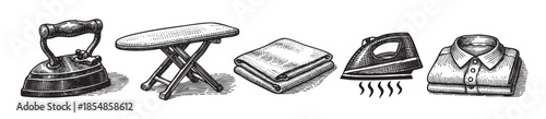 A vintage woodcut illustration depicts a collection of laundry items including an old-fashioned iron, a folding ironing board, folded towels, a modern iron with steam, and a crisp folded shirt.
