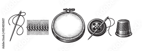 A black and white, vintage illustration in a collage style features various sewing tools, including a needle and thread, a sewing hoop, a button, and a thimble, on a white background.