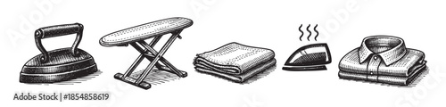 This woodcut-style illustration depicts vintage ironing equipment including an old iron, a portable ironing board, folded towels, and a neatly folded shirt, evoking a sense of classic domesticity.