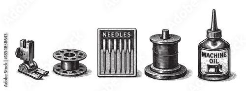 This vintage-style illustration in black and white displays a row of sewing machine accessories including a presser foot, bobbin, needle pack, thread spool, and oil can.