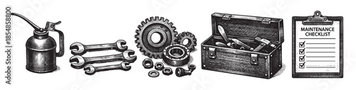 A black and white vintage illustration depicts an oil can, wrenches, gears, bearings, a toolbox filled with tools, and a clipboard with a maintenance checklist, suggesting repair and engineering work.