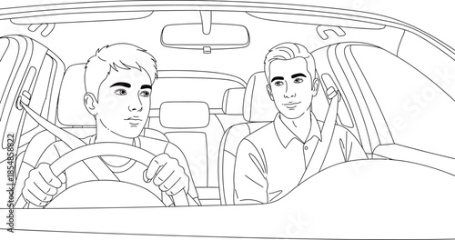 Two men in a car, driving, illustration