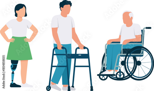 Mobility aid illustration set, diverse individuals with prosthetic leg, walker, and wheelchair, inclusive healthcare vector, isolated white background