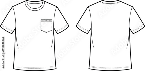 Men’s short sleeve T-shirt fashion sketch, front and back view with chest pocket detail, garment illustration for apparel design and sewing patterns