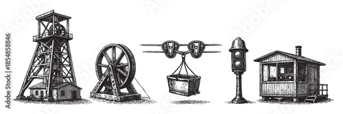 A collection of vintage industrial elements including a mine headframe, winding wheel, cable car, signal post, and shack in a detailed black and white sketch style.