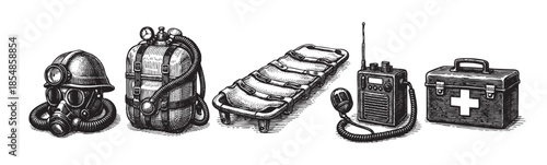 A black and white woodcut-style illustration depicts a collection of vintage rescue equipment, including a gas mask, oxygen tank, stretcher, radio, and first aid kit, arranged on a white background.