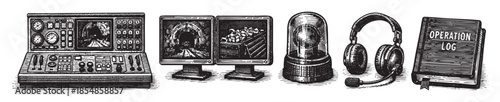 A collection of vintage illustration objects including a control panel, screens showing a tunnel and a mine, a siren light, headphones, and a logbook, rendered in a classic woodcut style.
