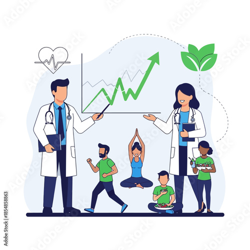Doctors explaining health benefits of active lifestyle and good nutrition with a growth chart, emphasizing wellness and progress.