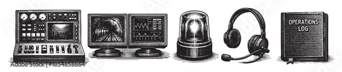 A collection of vintage illustration objects including a control panel, screens showing a tunnel and a mine, a siren light, headphones, and a logbook, rendered in a classic woodcut style.