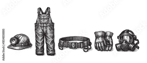 A detailed black and white illustration of essential mining safety equipment, including a helmet, overalls, belt, gloves, and gas mask.