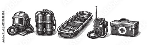 A detailed black and white ink sketch showcases vintage rescue gear including a diving helmet, oxygen tanks, a stretcher, a radio, and a first aid kit.