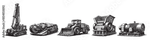 A vintage engraved illustration showcases a collection of five heavy industrial machines, including a drill, a mining vehicle, a loader, a crusher, and an engine, depicted in black ink on a white back
