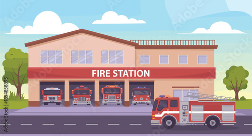 Modern city fire station building with red fire trucks, firefighter vehicles, emergency service trucks, rescue team garage, and safety department illustration design