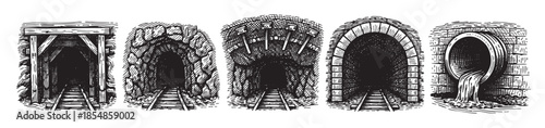 A collection of five distinct vintage-style tunnel entrances depicted in black and white illustration, ranging from rough earth to arched stone and pipe.