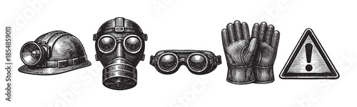A collection of retro safety equipment, including a hard hat, gas mask, goggles, and gloves, arranged with a warning sign on a white background.