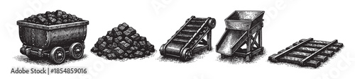 Vintage black and white illustration depicting elements of coal mining, including a cart full of coal, a pile of coal chunks, a conveyor belt, a chute, and railroad tracks.