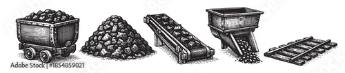 A detailed black and white illustration depicts various elements of coal mining, including a mine cart, pile of coal, conveyor belt, hopper, and railway tracks, presented in a vintage etching style.