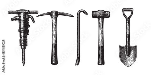 A vintage engraving style illustration showcases a collection of heavy-duty construction tools arranged in a line against a white background.