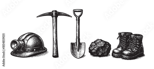 A vintage illustration depicts mining equipment including a hard hat, pickaxe, shovel, coal, and boots arranged against a stark white background.