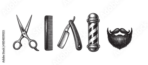 A vintage-style woodcut illustration features barber tools including scissors, comb, straight razor, barber pole, and a mustache and beard, perfect for grooming or retro business themes.