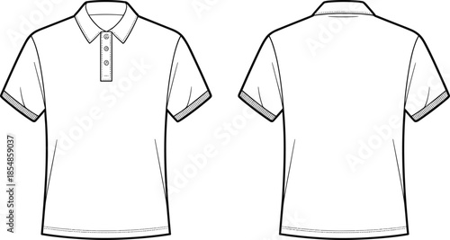 Polo shirt fashion flat sketch, front and back view, short sleeves, ribbed cuffs, button placket, classic collar, black and white vector